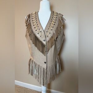 TRIBE AMERICA native leather vest -beaded fringe- size 12 worn 2 times!